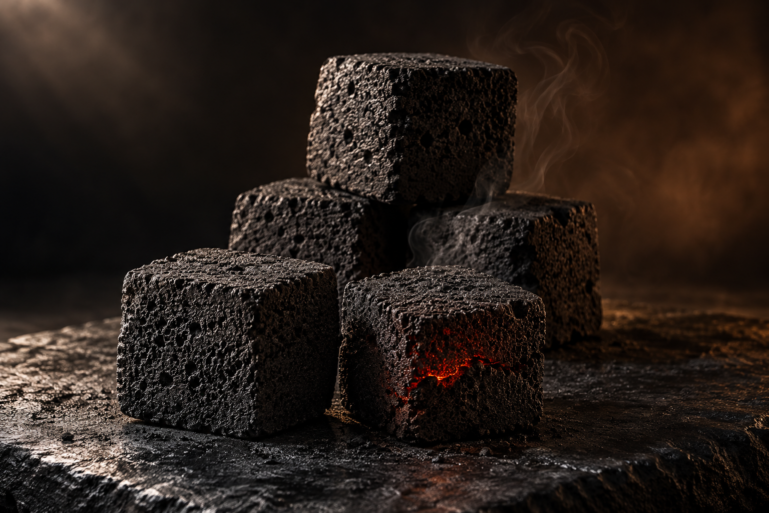 Concept visual of textured charcoal briquettes on dark stone